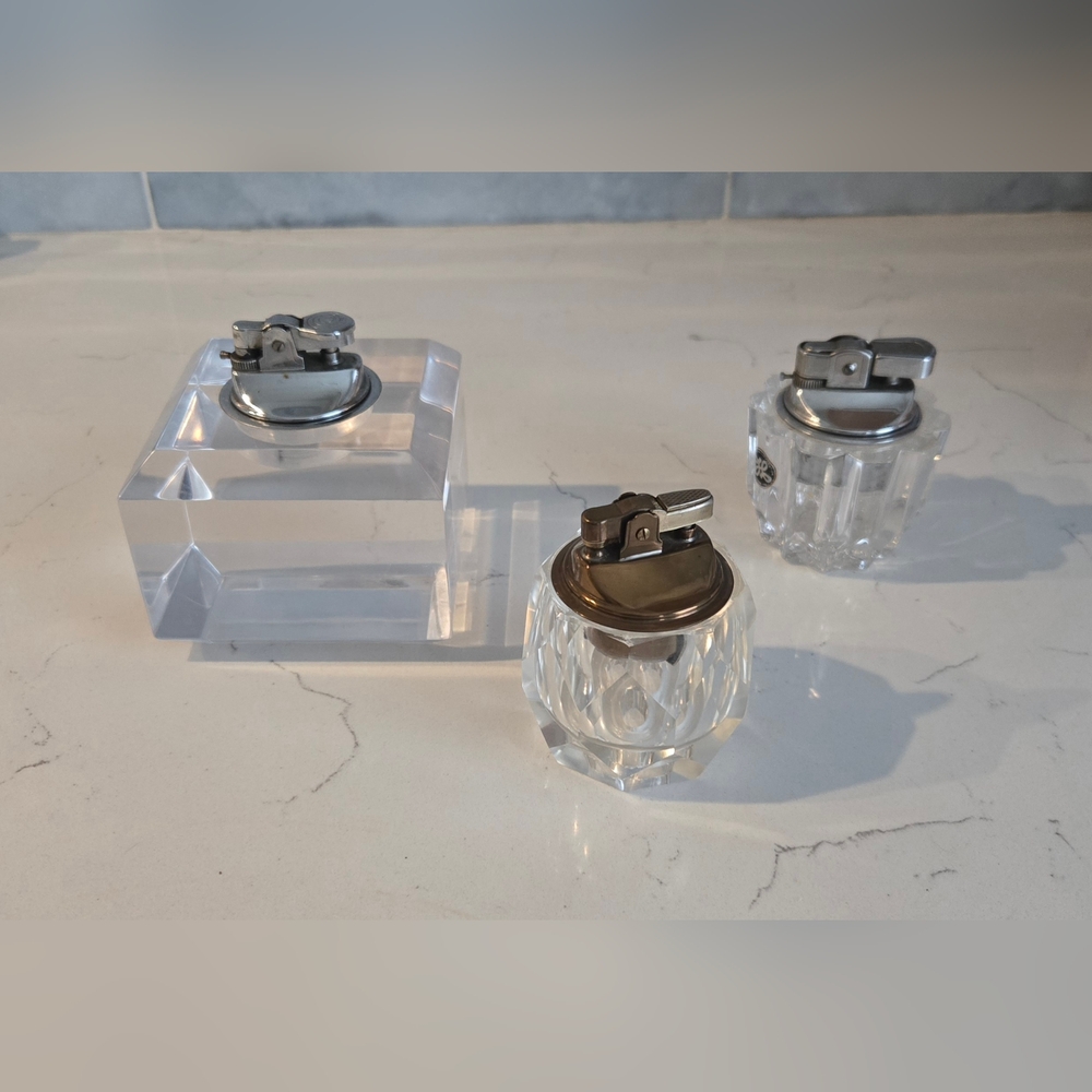 3 Vintage Crystal Glass Tabletop Lighters EUC